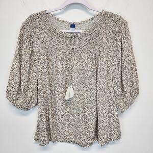 Old Navy Peasant Top Blouse Size L Ditsy Floral Tassel Smocked Balloon Sleeve